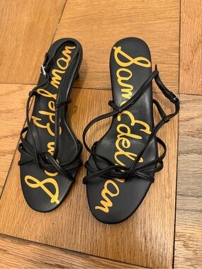 Sam Edelman Black Multi-Strap Sandals with Yellow Logo